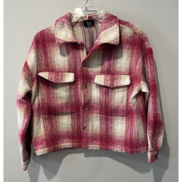 VICI Shacket Women’s Medium Harper Pink Plaid Fuzzy Crop Shirt Jacket Button Up - Picture 1 of 7